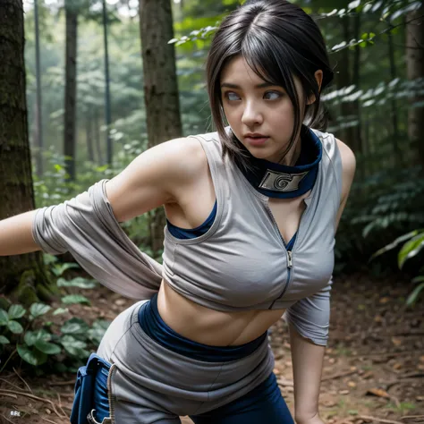 photorealistic, masterpiece, photorealistic, high resolution, soft light, hips up, cunt up, grey eyes, (grey eyes:1.2), blue hair, long hair, Intricate details EABA, vest, white vest, pants, Ninja, Armor, Member belongs to Division 5, Hinata Hyuga, Konoha ...