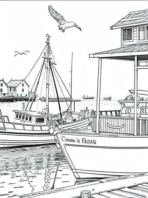 Fishermans Wharf: Grey and white only, Book page coloring art. All-white background. Use only outlines, line art. Clean line art for coloring. Simple and clean line art, coloring book page. Perfect symmetric details. A picturesque fishing village wharf wit...