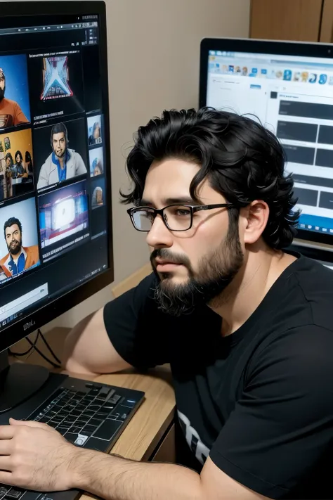 A 37-year-old man, with curly black hair, short beard, facing a Dell computer, with a wall behind with several action figures, Cartoon 3D Avatar style