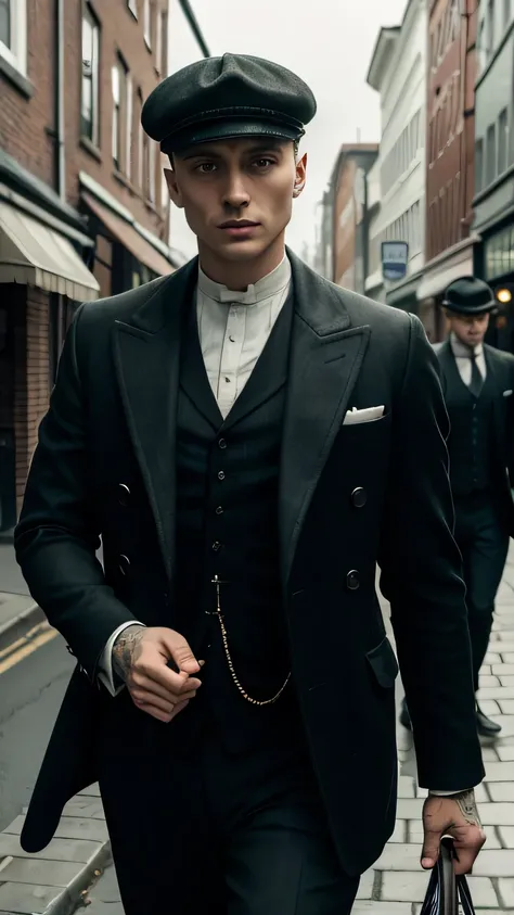 Peaky Blinders man Thomas Shelby walking down a city street from the series.