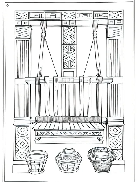 Traditional Weaver: Grey and white only, Book page coloring art. All-white background. Use only outlines, line art. Clean line art for coloring. Simple and clean line art, coloring book page. Perfect symmetric details. A traditional weavers workshop with a...