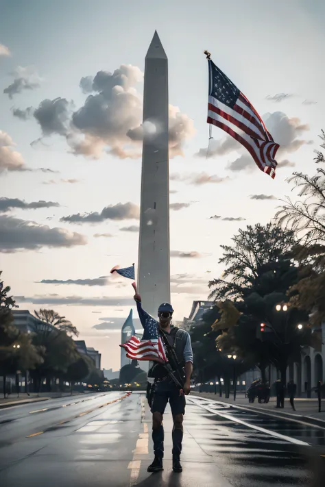 american patriot, man, washington monument, carrying an american flag and ar-15