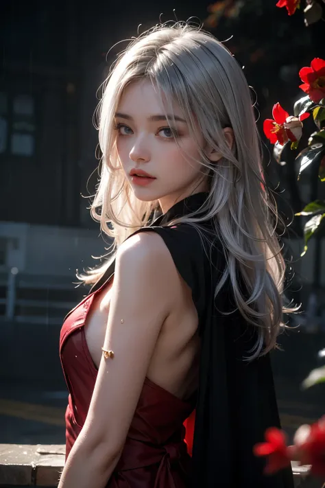 1girl,solo,1girl,solo,((beautiful detailed eyes)), (detailed light),depth of field,(white hair),silver eyes,hair over one eye,(red flower ), hair flower,long hair,black cloak,wet,emotionless,looking back,night,starfall,raining,fog,red flowers falling,sketc...