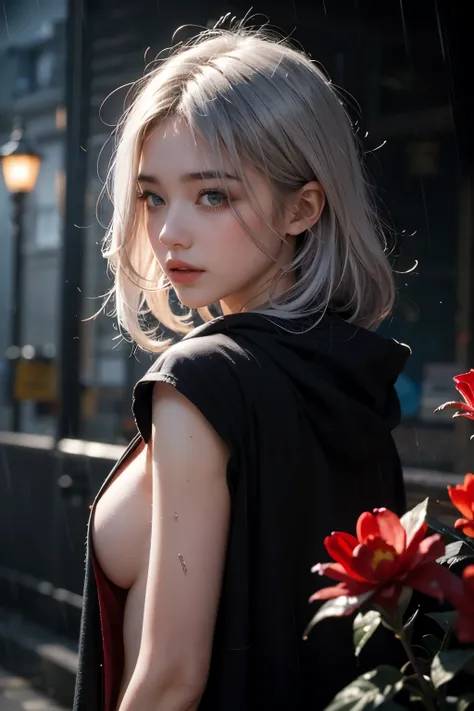 1girl,solo,1girl,solo,((beautiful detailed eyes)), (detailed light),depth of field,(white hair),silver eyes,hair over one eye,(red flower ), hair flower,long hair,black cloak,wet,emotionless,looking back,night,starfall,raining,fog,red flowers falling,sketc...