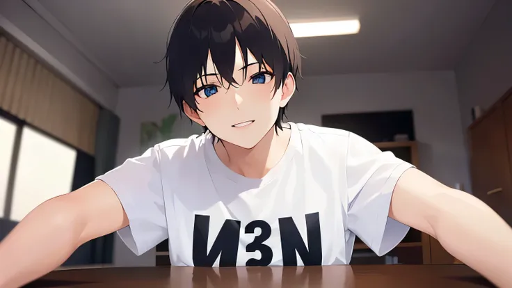 (looking at viewer:1.5),Spreading both arms、upper body、shiny skin, masterpiece、Highest quality、(25-year-old male:1.5) and (Black short hair) and (blue eyes),BREAK (white T shirt)、smile、The background is the living room at night、alone、