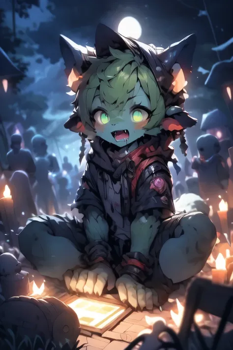 masterpiece, Highest quality,night,Dark Environment, individual, doll,Werewolf,Shota,((Zombies)),Body remnants,大Wound,Fangs,Black and fluorescent green hues,Meat pad,Wound,Blue purple blood,Blood,Green tongue,green saliva,Ragged clothes,Dirty bandages,paw,...