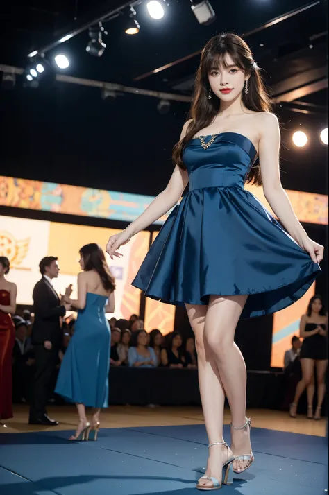 1girl,bangs,bare shoulders,barefeet,strapless blue dress,detailed background,brown eyes,brown hair,cleavage,blue dress,earrings,full body,jewelry,flat chest,long hair,looking at viewer,makeup,night scene,red lips,signature,smile,solo,standing,thighs,slende...