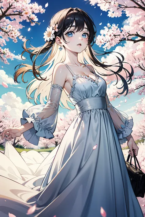 {{{masterpiece}, }}, {Extremely detailed CG unity 8k wallpaper}, Astonishing, Fine details, Solitary, {{Flowing hair}, }, {{Cherry blossoms}, }, outdoor, Sky, {{Wind}, }, Detailed background, Beautiful and delicate eyes, transparent:evening dress:0.3, clev...