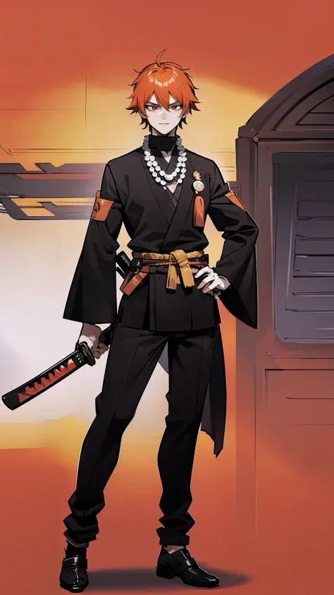 Kyojuro Rengoku, a flamboyant, orange-haired demon hunter. Standing tall in a black uniform with a white haori necklace. Sword at waist, calm yet firm expression. Fire raged around him. Train carriage background. Elegant samurai anime style.