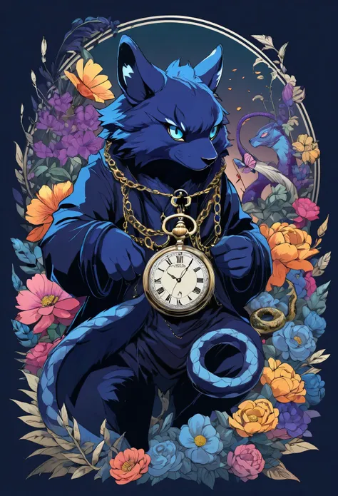 (best quality, high resolution, ultra-detailed)silhouett(kemono, furry anthro)holding striking pocket watch, surrounded by flowers, snakes and darkness, illustrative rendering, intricate details, mysterious atmosphere, vibrant colors, dynamic lighting , Go...