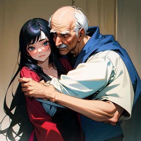 A young woman with long black hair, 18 years old, embracing a slightly elderly man in his 60s