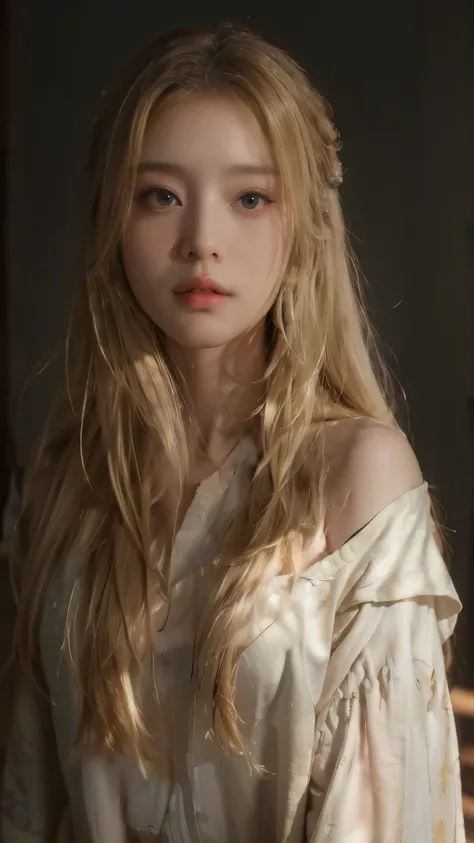 (raw photo, best quality), (realistic, Photo realistic: 1.3), best quality, very detailed, masterpiece, hyper detail, illustration, 1 girl, World masterpiece, ((crummy_long_blonde_hair)), best quality, very detailed CG 통합 8k 벽지, ink, amazing, cinematic lig...