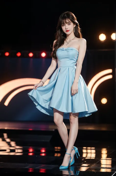 1girl,bangs,bare shoulders,strapless blue dress,detailed background,brown eyes,brown hair,cleavage,blue dress,earrings,necklace,full body,jewelry,flat chest,long hair,looking at viewer,makeup,night scene,red lips,signature,smile,solo,standing,thighs,slende...