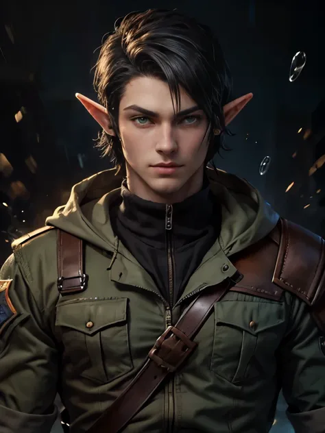 (masterpiece), best quality, high quality, (1male), adult male elf, pointy ears, handsome, (black hair), short hair, tidy hair, green eyes, military clothes, looking at viewer, upper body, splash art, rpg, intrincate,