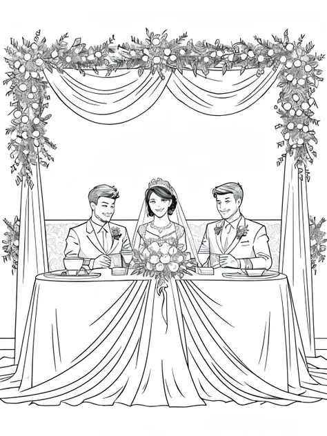 Country Wedding: Grey and white only, Book page coloring art. All-white background. Use only outlines, line art. Clean line art for coloring. Simple and clean line art, coloring book page. Perfect symmetric details. A joyful country wedding celebration wit...