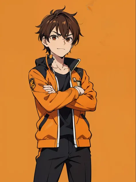 a male boy anime character giving a smug face, brown hair, black eyes, orange jacket, close up on face, tan background, standing, arms crossed, drawn manga style