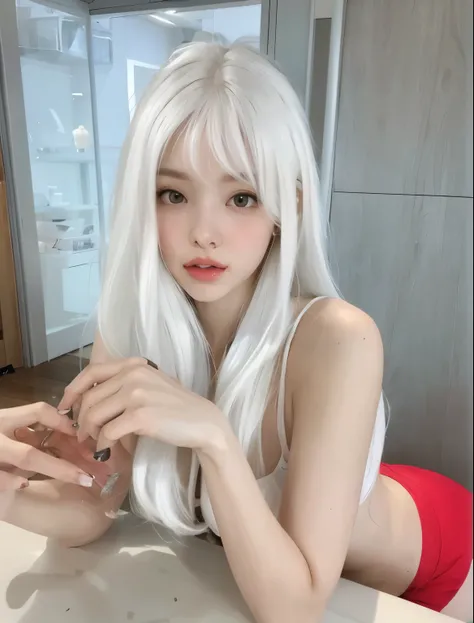 there is a woman with long white hair sitting at a table, long white hair and bangs, flowing white hair, perfect white hair girl, with long white hair, with long white hair, silver hair (horsetail), girl silver hair, White hime cut hairstyle, silver hair g...
