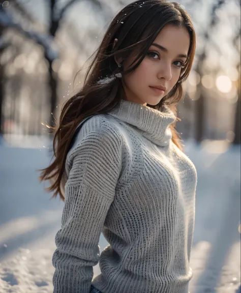 @ubrey_spektor, beautiful girl wearing a thin athletic sweater, side-swept hair, depth of field, morning in the snow,  (8k, raw ...