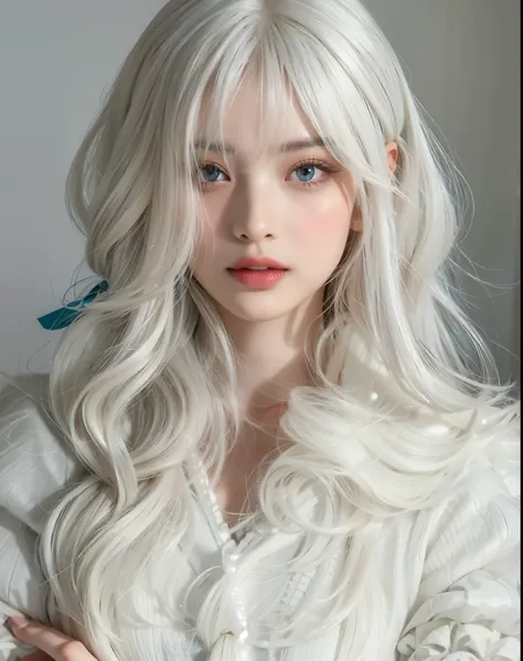 Blonde girl with long hair and blue ribbon in white fur coat, longos gray hair e franja, White hime cut hairstyle, with long white hair, com longos gray hair, white fringe, girl with white hair, longos gray hair ondulados, flowing white hair, long white wa...