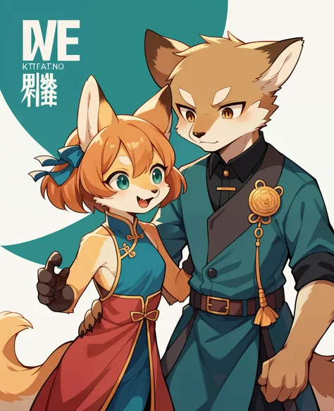 movie poster, movie artwork, concept art of love, romance novel cover, highres, top quality, best quality, perfect artwork, absurdres, perfect anatomy(couple, young 1male detective, 1woman in Chinese dress)(furry, kemono, anthro))with some elements of 007,...