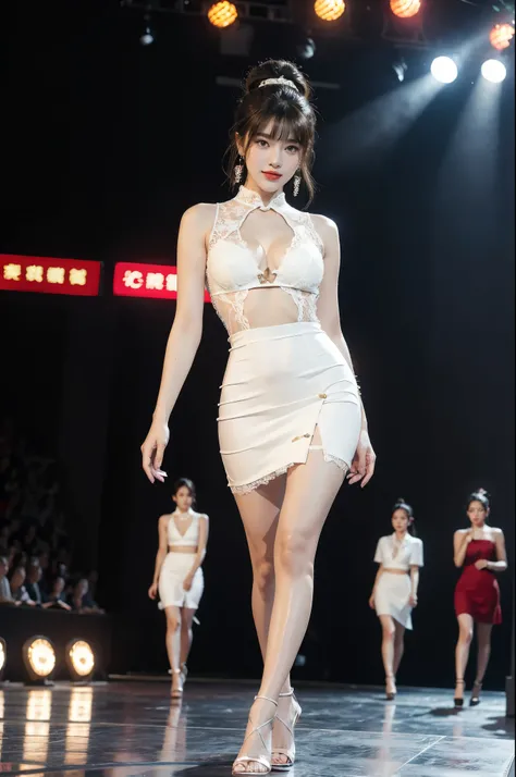 1girl,bangs,bare legs,collar,maxi white lace cheongsam,detailed background,brown eyes,brown hair,cleavage,earrings,necklace,full body,jewelry,flat chest,ponytail,looking at viewer,makeup,night scene,red lips,signature,smile,solo,standing,thighs,slender leg...