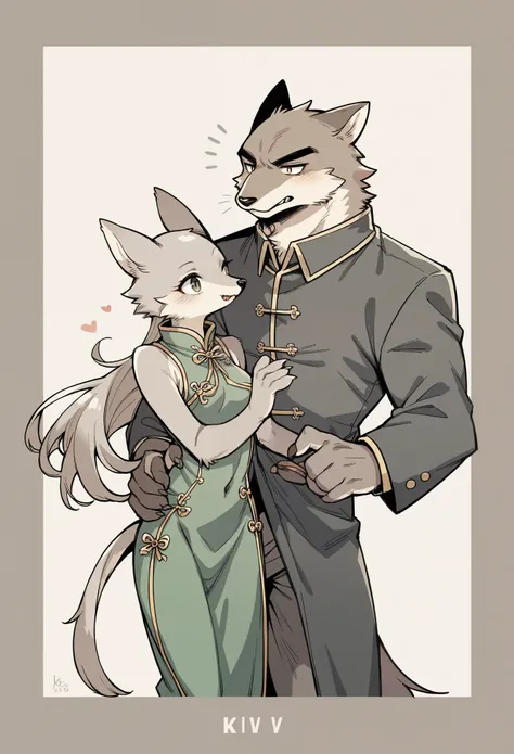 movie poster, movie artwork, concept art of love, romance novel cover, highres, top quality, best quality, perfect artwork, absurdres, perfect anatomy(couple, young 1male detective, 1woman in Chinese dress)(furry, kemono, anthro))with some elements of 007,...