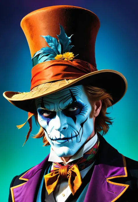 Close-up of a man wearing a top hat, john picacio and brom, Willem Dafoe as Scarecrow, Best behance, GoingInsane, josan gonzalez 和 tyler edlin, author：Jack Davis,, role conception, ember, bright and bold colors, Macro lens, Dark Fantasy, Decorative punk, M...