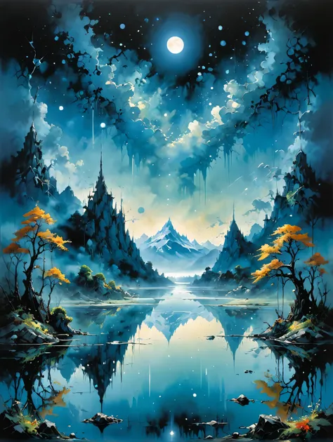 breathtaking art in the style of eiichiro oda, (a mirrored lake that does not reflect the sky, mas vasto, unexplored galaxies:1....