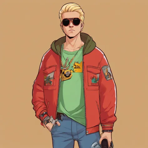 Character: A young person with blonde hair. He has a distinctive zigzag fringe.Accessories: He is wearing dark sunglasses that cover his eyes.Clothing: The character is dressed in a brown jacket with white sleeves. Underneath, he wears a light green shirt....