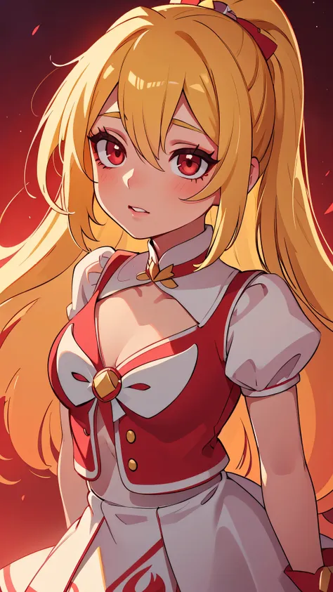 A beautiful pop idol girl with long blonde hair and red eyes, wearing a magical girl themed idol outfit in red and white, extremely detailed face and eyes, beautiful detailed lips, longeyelashes, masterpiece, 8k, HDR, high quality, fantasy, magical girl, p...