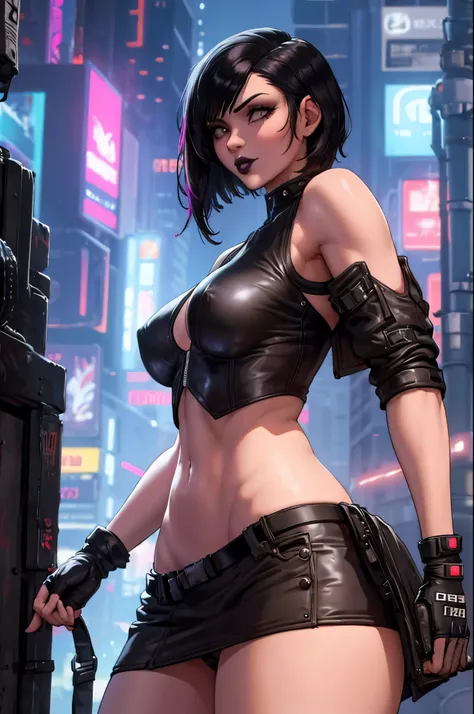 sexy girl, black lipstick, short hair, black stockings, thick ass, clothes, solo, cyberpunk, cyberpunk style, clothes in cyberpunk style. Fully dressed
