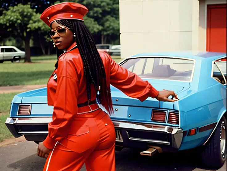 1970s photo of African-American female rapper "Sexyy Red" wearing 1970s attire, from behind