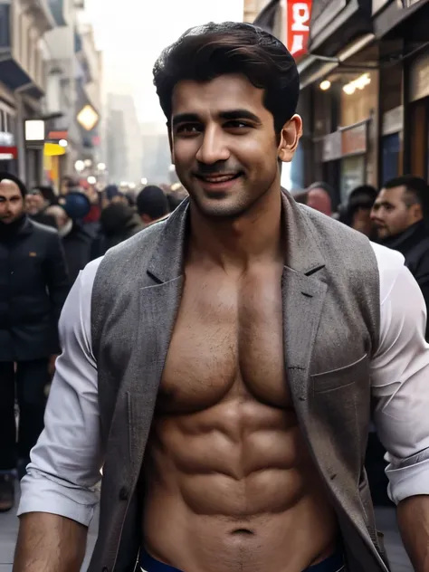 Hritik roshan goes shirtless in front of crowded people on a City Street.his nipple touched by the Guy. He gigles. He laugh. The wind blow the coat. He just wear the vest with no Shirt inside. (winter) 