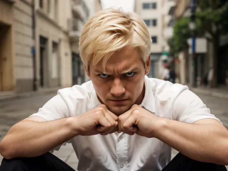 1 Man, handsome, white shirt, black hair, blond pupils, sitting on the ground, gritted teeth, fists, half: 1.2, anger: 1.2, tears, surrealism