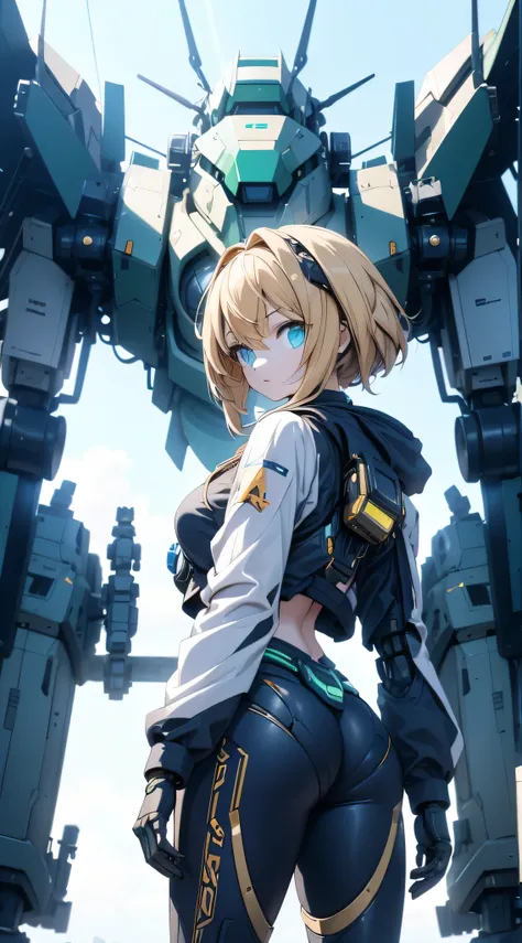 Girl standing in front of the mecha,Mech pilot,Rounded curves of the mecha,Mecha Background,Mechanical style background,Girl in tights standing in front of mecha,Girl standing in front of a mecha,Behind the girl is a huge mecha,Standing in front of the mec...