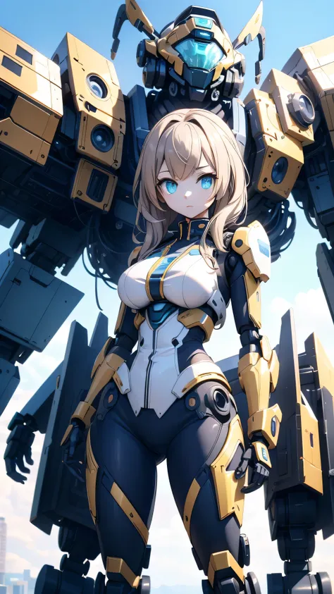 Girl standing in front of the mecha,Mech pilot,Rounded curves of the mecha,Mecha Background,Mechanical style background,Girl in tights standing in front of mecha,Girl standing in front of a mecha,Behind the girl is a huge mecha,Standing in front of the mec...