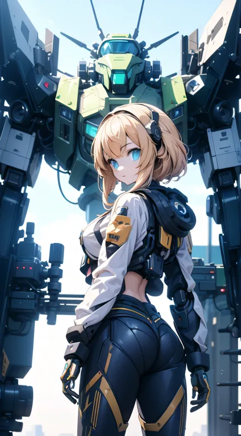 Girl standing in front of the mecha,Mech pilot,Rounded curves of the mecha,Mecha Background,Mechanical style background,Girl in tights standing in front of mecha,Girl standing in front of a mecha,Behind the girl is a huge mecha,Standing in front of the mec...