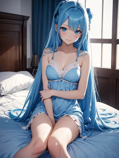 Anime girl with blue hair and blue eyes sitting on the bed, Enchanting anime girl, Beautiful and attractive anime woman, Full body shot、Beautiful Anime Woman, Beautiful Anime Girls, artstation pixivでトレンド, Top rated on pixiv, Nightcore, From Girls Frontline...