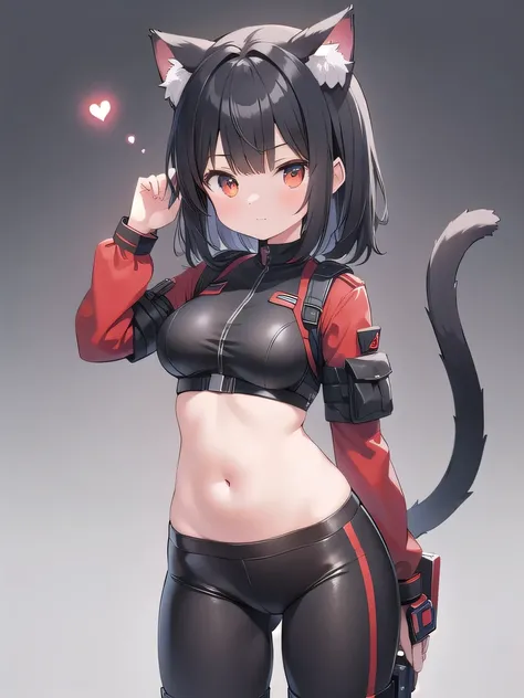 soldier,Red Mark,Cat ear helmet,girl,belly button,Big Breasts,Red and black clothes,Black Hair Boyish