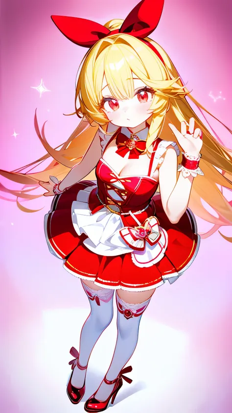 pop idol girl with a magical girl theme, blond hair, red eyes, her idol outfit is colored red and white and made with an magical...