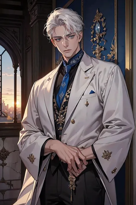 ((masterpiece:1.2, Best quality)), 4k, adult, European face, 1 person, male, mature, masculine, Beautiful, very tall, Muscles, broad shoulders, dark casual wear, White skin, medium white hair, Blue eyes, portrait, sunset, old house with apple trees.