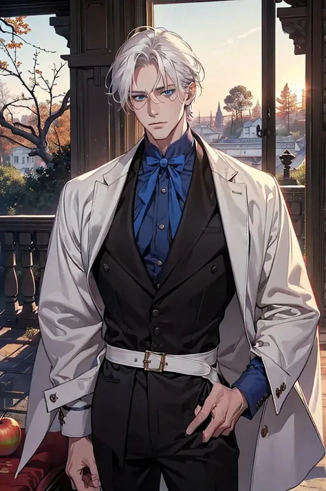((masterpiece:1.2, Best quality)), 4k, adult, European face, 1 person, male, mature, masculine, Beautiful, very tall, Muscles, broad shoulders, dark casual wear, White skin, medium white hair, Blue eyes, portrait, sunset, old house with apple trees.