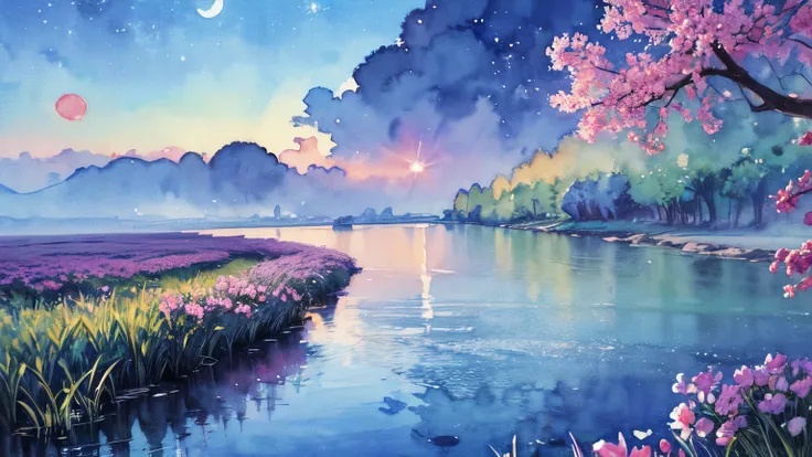 (water color art: 1.5) Watercolor Artwork, a picture of a flower meadow at night, stars above, moon light, lightly clouded, moon rays caressing the flowers, high details, best quality, 16k, RAW, [best detailed], masterpiece, best quality, High Detail, Ultr...