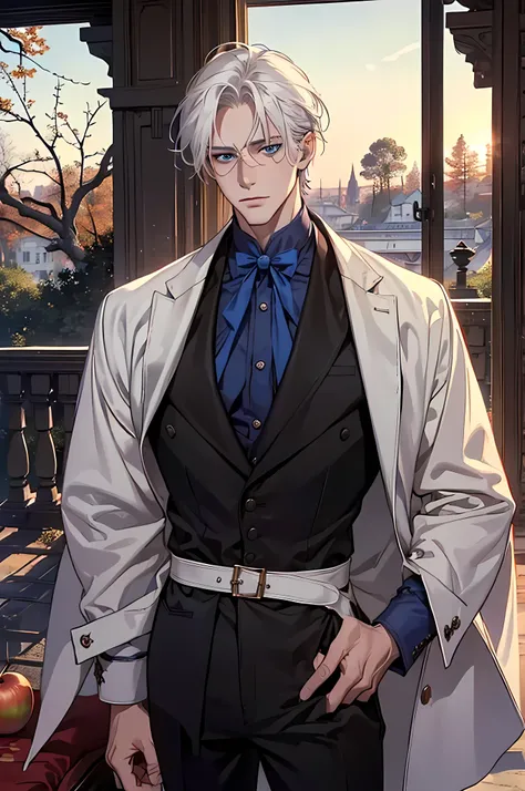 ((masterpiece:1.2, Best quality)), 4k, adult, European face, 1 person, male, mature, masculine, Beautiful, very tall, Muscles, broad shoulders, dark casual wear, White skin, medium white hair, Blue eyes, portrait, sunset, old house with apple trees.