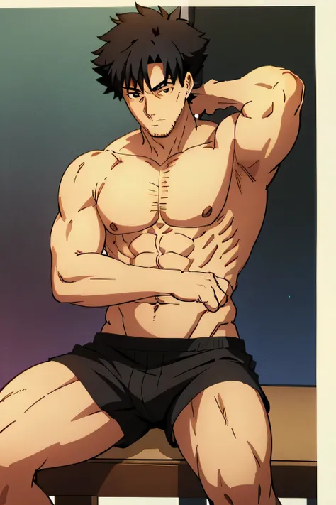 Kiritsugu is sitting and flexing his buff biceps and thighs. He wears black short boxershorts. You can see his thighs. He is shirtless. He is showing his abs too. He is admiring his arms.