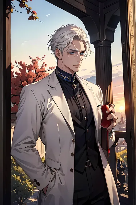 ((masterpiece:1.2, Best quality)), 4k, adult, European face, 1 person, male, mature, masculine, Beautiful, very tall, Muscles, broad shoulders, dark casual wear, White skin, medium white hair, Blue eyes, portrait, sunset, old house with apple trees.