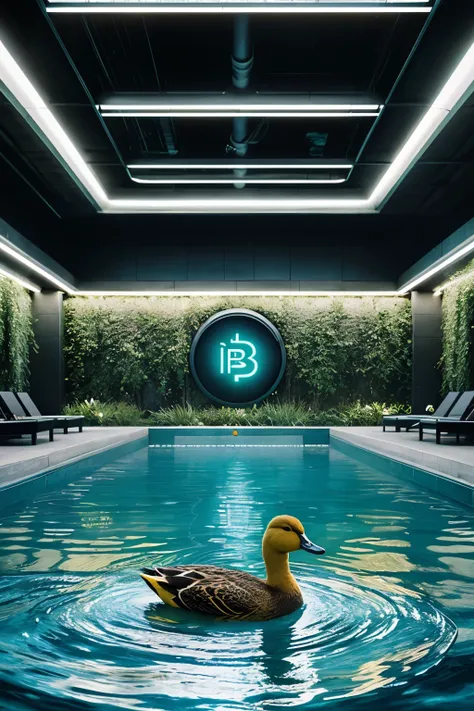 Imagine a dystopian cyberpunk world where ducks are the stars of the digital revolution. Em um canto sombrio da cidade, between blinding neons and data noise flowing, a duck pool materializes as a digital oasis. In this futuristic pool, ducks dive into cle...