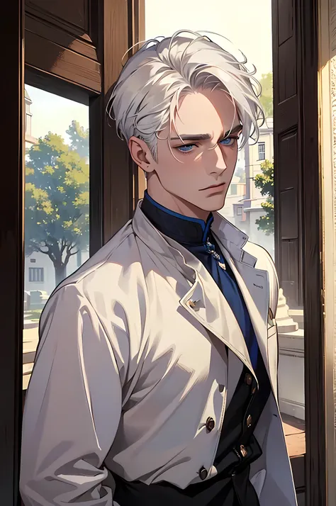 ((masterpiece:1.2, Best quality)), 4k, adult, European face, 1 person, male, mature, masculine, Beautiful, very tall, Muscles, broad shoulders, dark casual wear, White skin, medium white hair, Blue eyes, portrait, sunset, old house with apple trees.