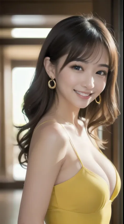 (最high quality, masterpiece, smile. 8K, Wavy Hair,((whole body)) (Beautiful, shiny brown hair), Sexy pose, (Wearing a yellow mini dress), ((Big Breasts)), ((Background white)), Ultra HD, Smiling, (Delicate eyes), White skin, Earrings, High resolution生写真, s...