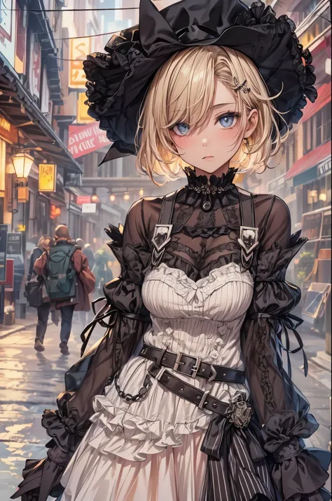 best quality,ultra-detailed,((background:outside street1,8)),(beautiful details outside the street),(cowboy shot),((one boy1,8)),((fem boy1,8)),((trap)),((bulge1,8)),black-choker,((blonde short hair)),((man’s face1,8)),((dress up as a woman)),((blush)),((f...